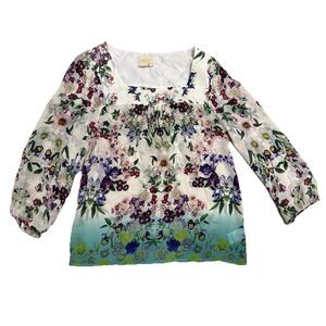 Vanessa Virginia Anthropologie Top Sz M Medium 8 Green Silk Blouse Floral Ombre